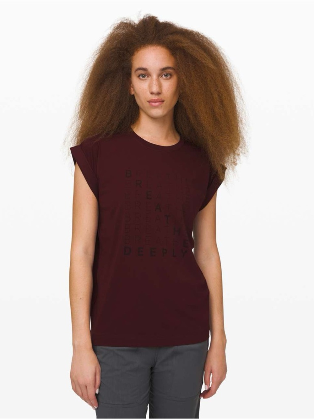 Lululemon Roll Around Tee “Breath Deeply” Yoga Maroon Pima Cotton Size 10